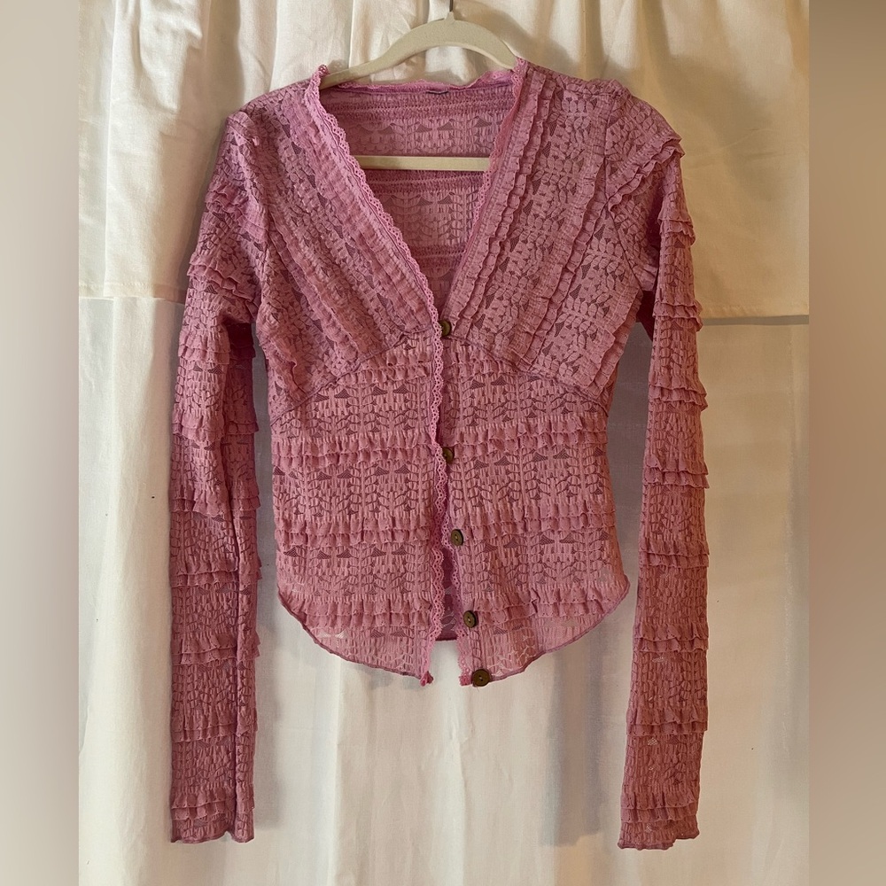 Women’s Pink Ruffle Button-Front Blouse